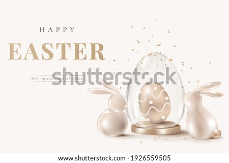 Happy Easter 3D rendering banner template vector with golden bunnies and egg