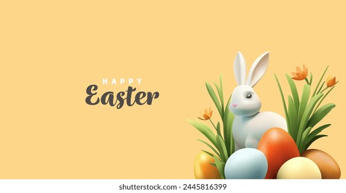 Happy Easter. 3D rendering of Easter eggs, rabbit, and flowers. Festive composition for advertising, banners, posters. Vector