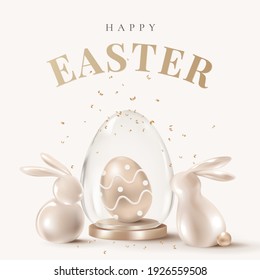 Happy Easter 3D rendering template vector with golden bunnies and egg