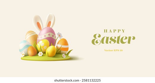 Happy Easter. 3D spring Easter scene, Easter eggs, bunny ears, daisies, grass. Banner for advertising and greetings. Vector