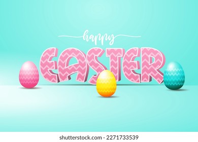 happy easter with 3d text and colorful eggs vector illustration