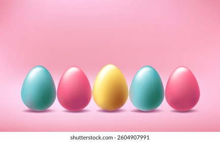 Happy Easter 3d vector background. Metal colored golden, blue chocolates in soft pink pastel scene. Spring greeting card, realistic podium design. April mini header illustration, gift concept render