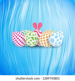 Happy Easter 3d Vector Realistic Design with Egg and Rabbit Ears. Blue Striped Greeting Card Design or Invitation Template