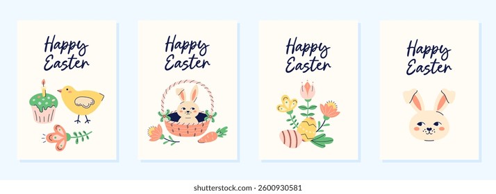 Happy Easter 4 cute cards collection. Design with text on light beige background. Happy Easter hand drawn card. Flat illustration with partial outline. Vector illustration.