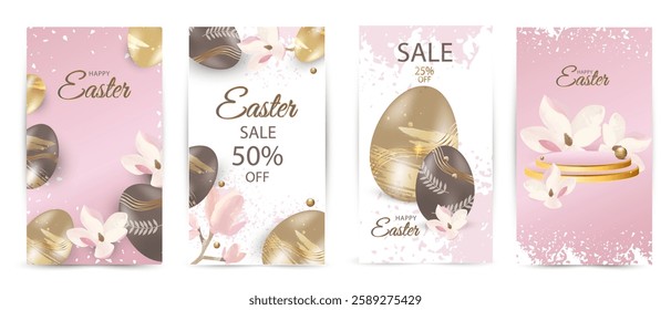 Happy Easter 4 flyers, leaflets, cards. Sales discounts. Pink, white background. Flowers,Eggs 3D. Vector