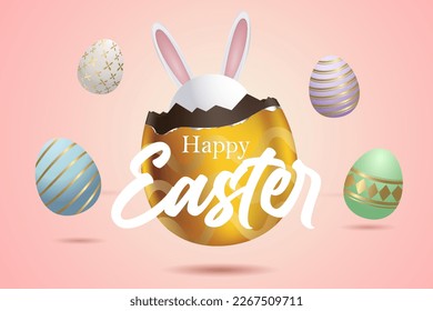 happy easter with 5 eggs floating in the air