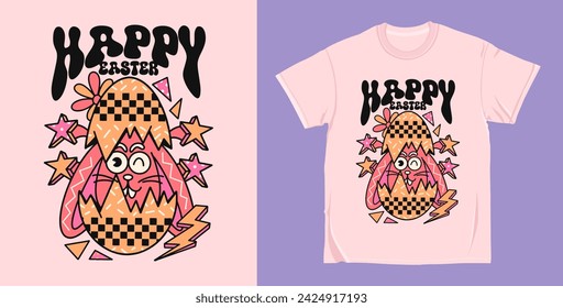 Happy easter 90s Retro easter groovy cartoon character, easter t shirt design vector. Hippie easter illustration for print