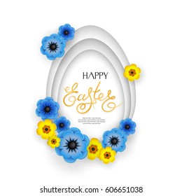 Happy easter. Abstract 3d background with egg and flowers on white background. Isolated. Can be used as a logo, greeting card, design element of a website or advertisement. Vector illustration EPS10