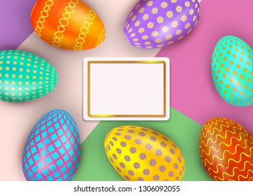 Happy Easter abstract background with colorful decorated eggs and gold frame border. Holiday greeting card template. Place for text. Vector illustration