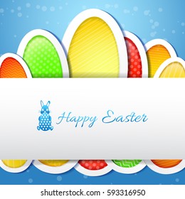 Happy easter abstract background with colorful eggs set and white ribbon with small cartoon bunny and greeting text flat vector illustration