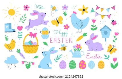 Happy Easter abstract concept. Colorful set of stickers with rabbit, painted eggs, flowers, butterflies, garland and basket. Greeting card. Cartoon flat vector collection isolated on white background