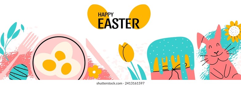 Happy Easter abstract design. Spring background with holiday food and bunny. Vector illustration in hand draw style. 