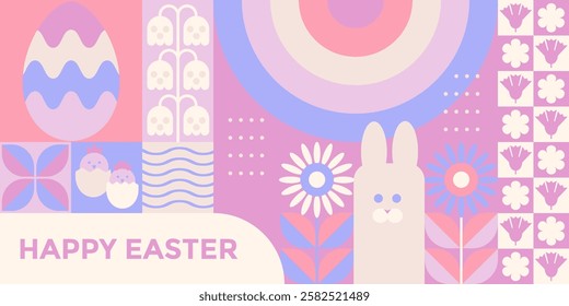 Happy Easter Abstract geometric background.Horisontal banner with abstract Easter icons in Bauhaus style. Bunny, egg,chicken. Fashionable design for posters, banners, postcards, covers, advertisements