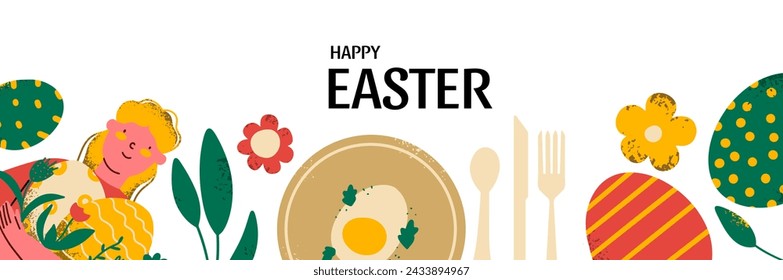 Banner de diseño gráfico abstracto de Feliz Pascua. Plantilla de vacaciones, diseño. Fondo de primavera. Ilustración vectorial en estilo de dibujo a mano. 