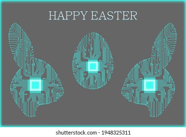 Happy easter. Abstract rabbit. Rabbit in the form of an electronic circuit. Vector rabbit.Abstract egg. Egg in an electronic circuit. Vector illustration.