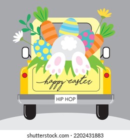 Happy easter acard design with bunny, egge and carrots on the car