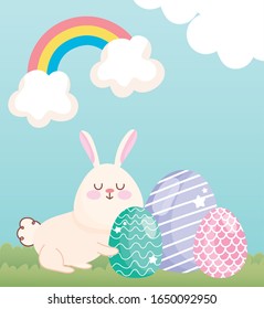 happy easter adorable bunny with eggs grass rainbow clouds vector illustration