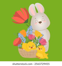 Happy Easter. Adorable bunny with a flower behind his back and yellow chicks in a basket with flowers. Vector illustration for greeting cards, posters, holiday covers.