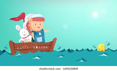 Feliz Pascua, adorable chica con conejo en el bote huevo de caza de aventura, divertido caricatura de tarjetas de felicitación personajes ilustración vectorial