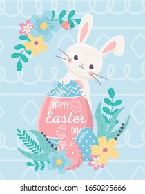 feliz Pascua adorable conejo con huevos flores decoración vectorial