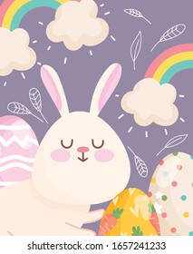 happy easter adorable rabbit rainbows clouds eggs decoration vector illustration