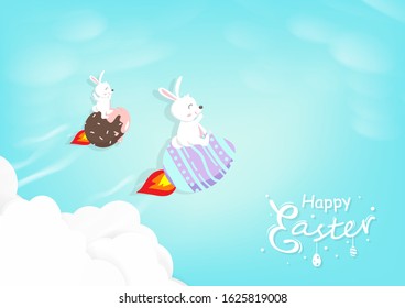 Happy Easter, adorable rabbit riding rocket egg on sky, adventure concept, calligraphy greeting card, cartoon invitation poster background vector illustration