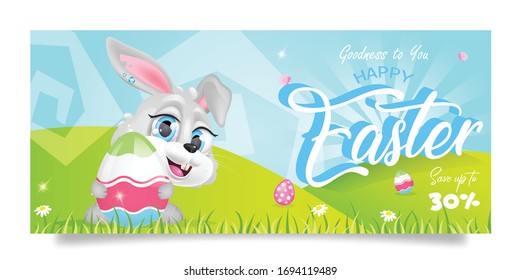 Happy Easter advertising sales banner flat vector template. Springtime themed banner design with bunny kawaii cartoon character. Printable Pascha postcard, holiday invitation, horizontal poster