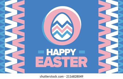 Happy Easter in April. Christian spring holiday in honor of the resurrection of Christ. Biblical history. Traditional dyeing eggs with patterns, fun game for children searching for easter eggs. Vector