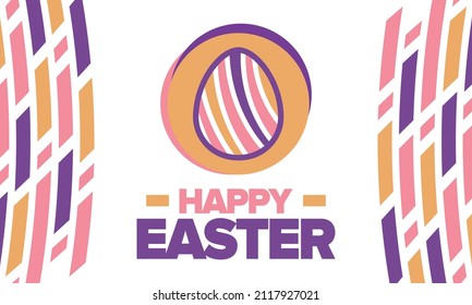 Happy Easter in April. Christian spring holiday in honor of the resurrection of Christ. Biblical history. Traditional dyeing eggs with patterns, fun game for children searching for easter eggs. Vector