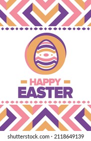 Happy Easter in April. Christian spring holiday in honor of the resurrection of Christ. Biblical history. Traditional dyeing eggs with patterns, fun game for children searching for easter eggs. Vector