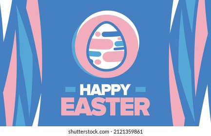 Happy Easter in April. Christian spring holiday in honor of the resurrection of Christ. Biblical history. Traditional dyeing eggs with patterns, fun game for children searching for easter eggs. Vector