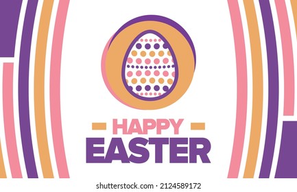 Happy Easter in April. Christian spring holiday in honor of the resurrection of Christ. Biblical history. Traditional dyeing eggs with patterns, fun game for children searching for easter eggs. Vector