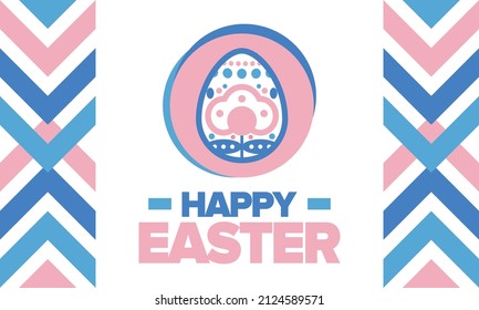 Happy Easter in April. Christian spring holiday in honor of the resurrection of Christ. Biblical history. Traditional dyeing eggs with patterns, fun game for children searching for easter eggs. Vector