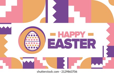 Happy Easter in April. Christian spring holiday in honor of the resurrection of Christ. Biblical history. Traditional dyeing eggs with patterns, fun game for children searching for easter eggs. Vector