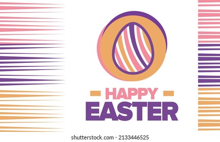 Feliz Pascua en abril. Fiesta de primavera cristiana en honor a la resurrección de Cristo. Historia bíblica. Huevos tradicionales de teñido con estampados, juegos divertidos para niños que buscan huevos de pascua. Vector