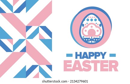Happy Easter in April. Christian spring holiday in honor of the resurrection of Christ. Biblical history. Traditional dyeing eggs with patterns, fun game for children searching for easter eggs. Vector