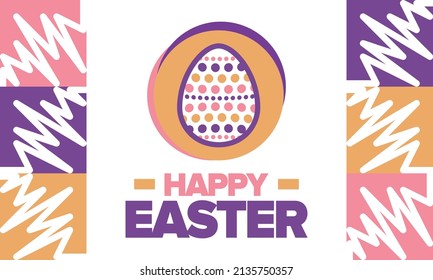 Feliz Pascua en abril. Fiesta de primavera cristiana en honor a la resurrección de Cristo. Historia bíblica. Huevos tradicionales de teñido con estampados, juegos divertidos para niños que buscan huevos de pascua. Vector