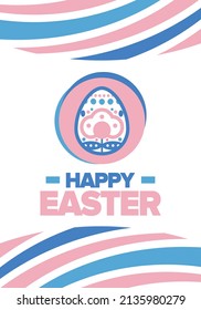 Feliz Pascua en abril. Fiesta de primavera cristiana en honor a la resurrección de Cristo. Historia bíblica. Huevos tradicionales de teñido con estampados, juegos divertidos para niños que buscan huevos de pascua. Vector