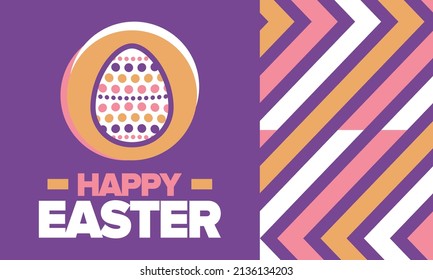 Happy Easter in April. Christian spring holiday in honor of the resurrection of Christ. Biblical history. Traditional dyeing eggs with patterns, fun game for children searching for easter eggs. Vector