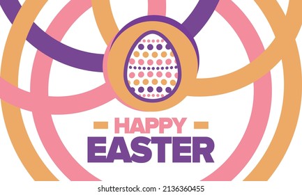 Happy Easter in April. Christian spring holiday in honor of the resurrection of Christ. Biblical history. Traditional dyeing eggs with patterns, fun game for children searching for easter eggs. Vector