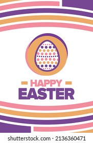Happy Easter in April. Christian spring holiday in honor of the resurrection of Christ. Biblical history. Traditional dyeing eggs with patterns, fun game for children searching for easter eggs. Vector