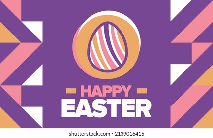 Happy Easter in April. Christian spring holiday in honor of the resurrection of Christ. Biblical history. Traditional dyeing eggs with patterns, fun game for children searching for easter eggs. Vector