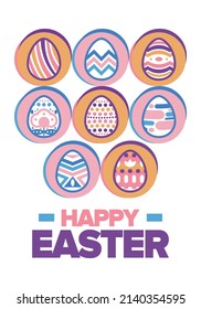 Happy Easter in April. Christian spring holiday in honor of the resurrection of Christ. Biblical history. Traditional dyeing eggs with patterns, fun game for children searching for easter eggs. Vector