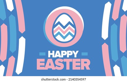 Happy Easter in April. Christian spring holiday in honor of the resurrection of Christ. Biblical history. Traditional dyeing eggs with patterns, fun game for children searching for easter eggs. Vector