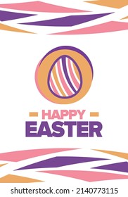 Happy Easter in April. Christian spring holiday in honor of the resurrection of Christ. Biblical history. Traditional dyeing eggs with patterns, fun game for children searching for easter eggs. Vector