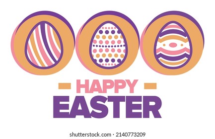 Happy Easter in April. Christian spring holiday in honor of the resurrection of Christ. Biblical history. Traditional dyeing eggs with patterns, fun game for children searching for easter eggs. Vector