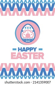 Feliz Pascua en abril. Fiesta de primavera cristiana en honor a la resurrección de Cristo. Historia bíblica. Huevos tradicionales de teñido con estampados, juegos divertidos para niños que buscan huevos de pascua. Vector
