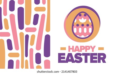 Feliz Pascua en abril. Fiesta de primavera cristiana en honor a la resurrección de Cristo. Historia bíblica. Huevos tradicionales de teñido con estampados, juegos divertidos para niños que buscan huevos de pascua. Vector