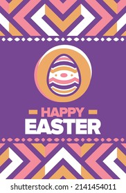Happy Easter in April. Christian spring holiday in honor of the resurrection of Christ. Biblical history. Traditional dyeing eggs with patterns, fun game for children searching for easter eggs. Vector