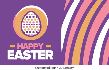 Feliz Pascua en abril. Fiesta de primavera cristiana en honor a la resurrección de Cristo. Historia bíblica. Huevos tradicionales de teñido con estampados, juegos divertidos para niños que buscan huevos de pascua. Vector